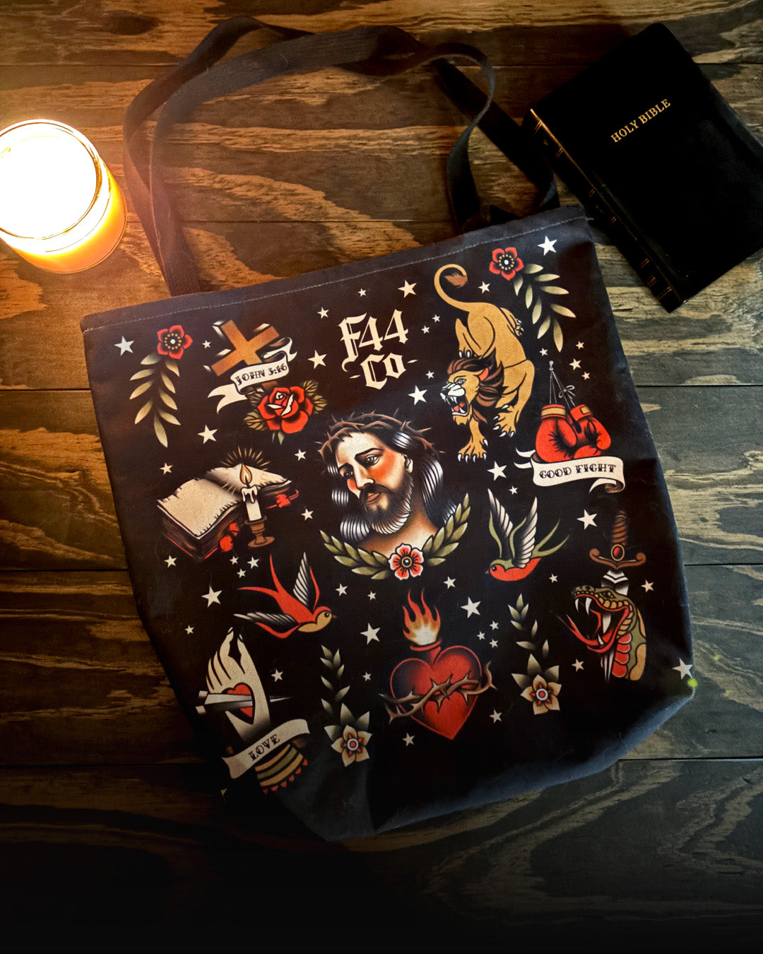 Christian Tattoo Flash Tote Bag – Faith-Inspired Ink Art | Freedom 44 Co.