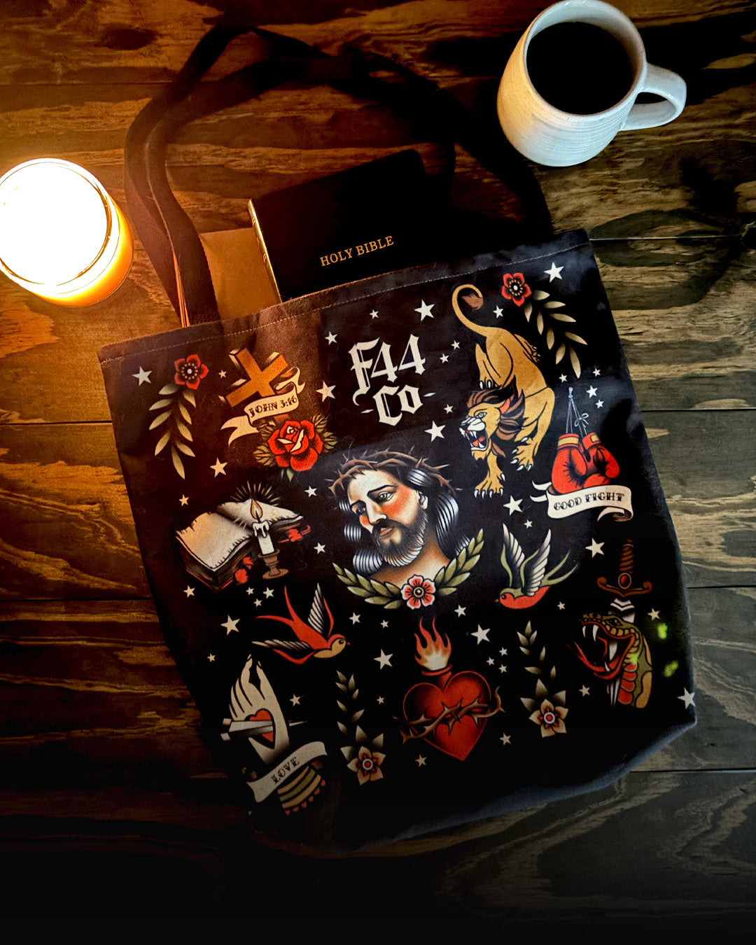 Christian Tattoo Flash Tote Bag – Faith-Inspired Ink Art | Freedom 44 Co.
