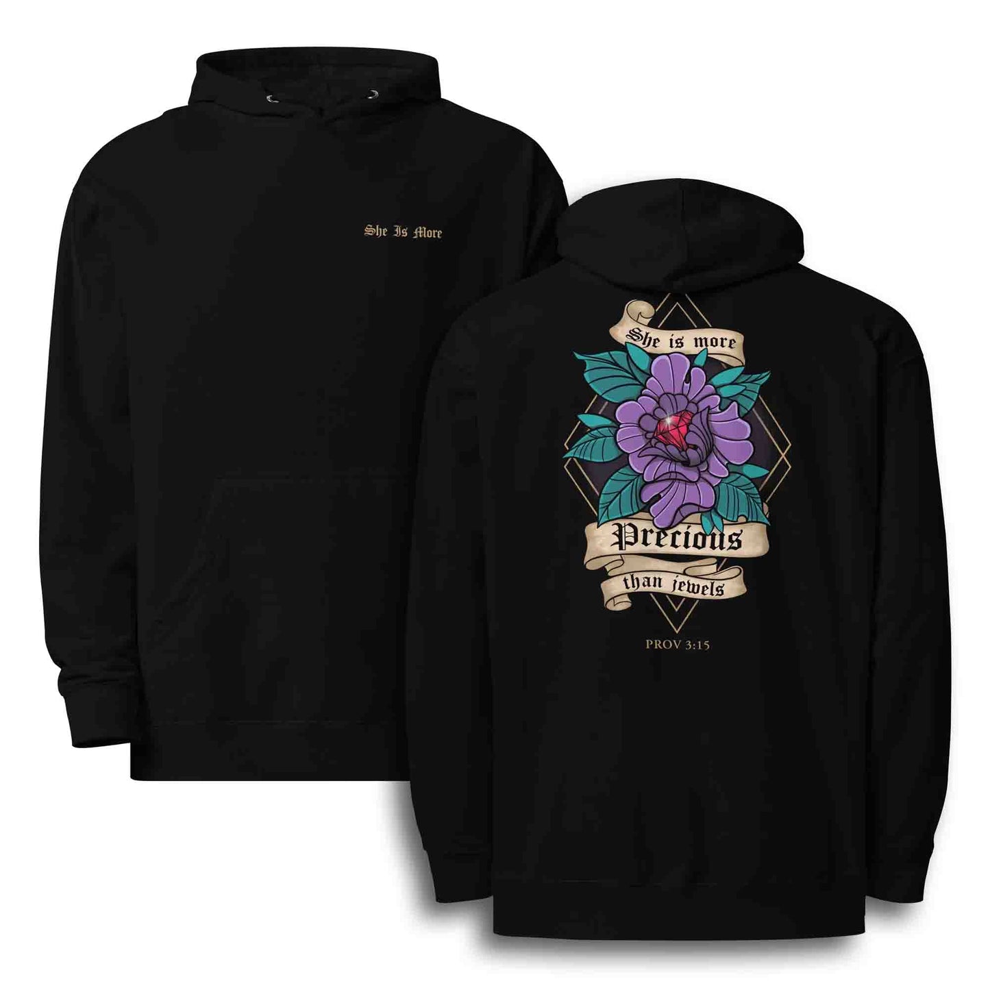 Proverbs 3:15 She is More Precious Than Jewels Scripture Hoodie - Unisex Midweight